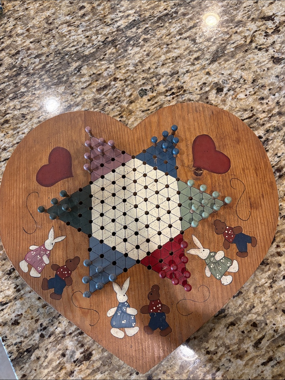 Heart-Shaped Wooden Chinese Checkers Game Board with Painted Animals